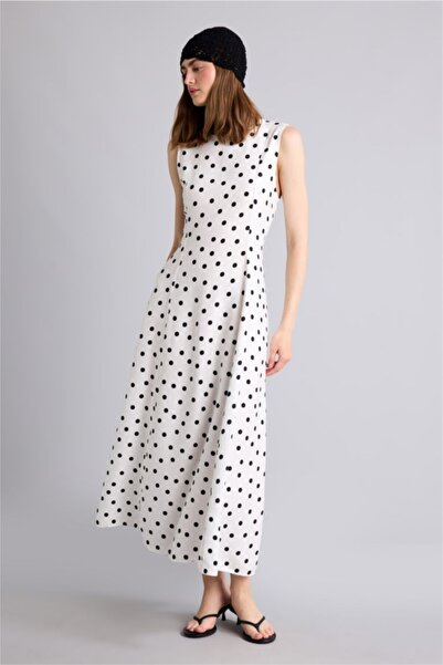 DeFacto Crew Neck Polka Dot Poplin Sleeveless Midi Ecru Dress F8241Ax26Sp