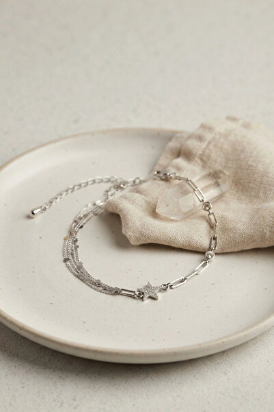 Clariss Silver Color Brass Paperclip and Chain Star Model Women's Bracelet
