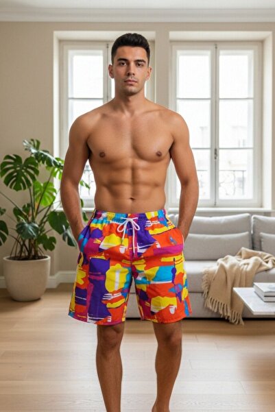 OEM Șorturi de baie pentru bărbați cu imprimeu abstract multicolor, cu slip i...