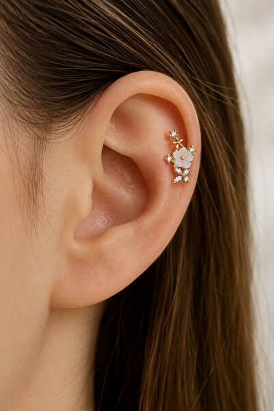 Sacce Scarves&Accessories Beyaz Manolya Çiçekli Taşlı Helix Piercing Gold Ren...