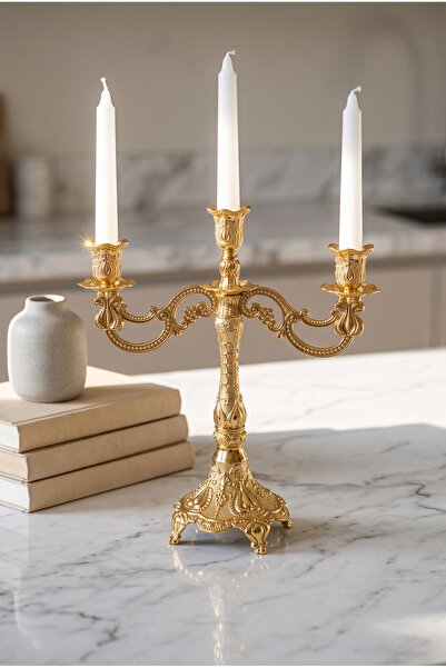 RASHA COLLECTION 3 Kollu Gold Metal Şamdan