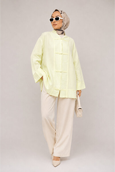 ShopFast Biye Düğmeli V Yaka Organze Vual Oversize Kimono