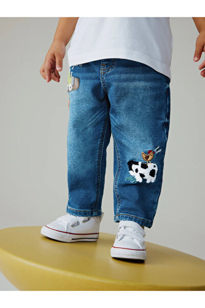 Generic Brand Children's Blue Farm Patterned Embroidered Waist-Tie Jean Trousers