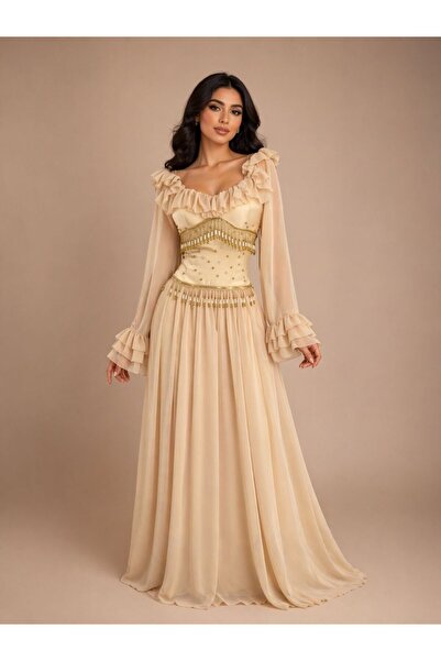 ranin Brown Chiffon Evening Dress with Hand Embroidery Cloche