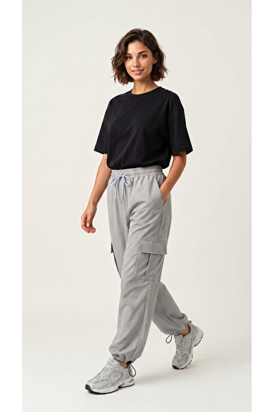 BADESSA Pantaloni subțiri din țesătură gri oversize pentru femei, cu buzunare...
