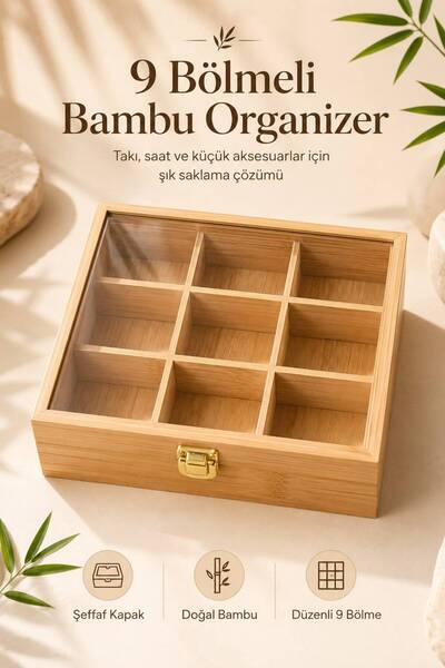 MİORA HOME 9 BÖLMELİ BAMBU ORGANİZER KUTUSU ŞEFFAF KAPAKLI ÇOK AMAÇLI TAKI SA...