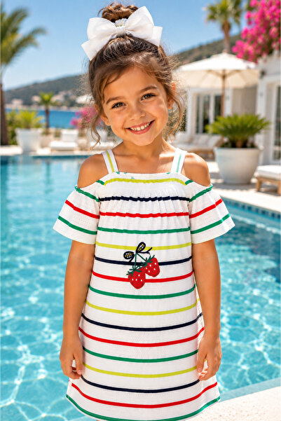 Kuzucuk Kids Bebek Çocuk Butik Kız Çocuk Beyaz Çizgili Çilek Nakışlı Yazlık E...