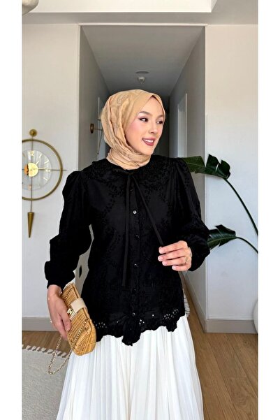 Nes Moda Kadın Bebe Yaka Detaylı Fisto Dantel Tesettür Gömlek Tunik