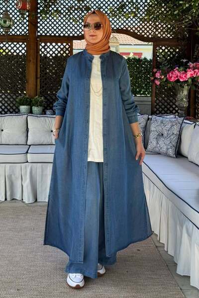 Rabia Şamlı Kot Tencel Pantolonlu Takım