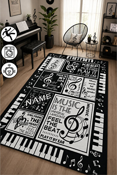 blcmoda Müzik Temalı Baskılı Yıkanabilir Kaymaz Taban Salon Balkon Mutfak Ant...
