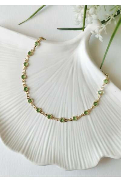Halley Concept Green Flower Stone Detailed Gold Steel Anklet 23+5 cm