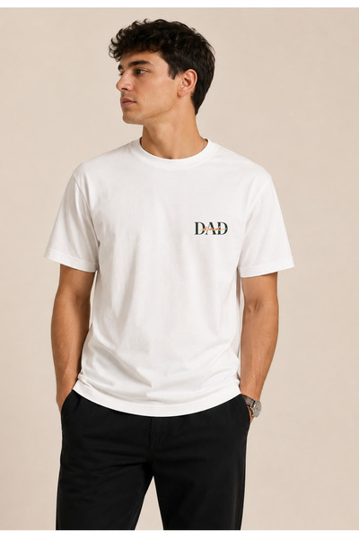Dad-Baba Baskılı Pamuklu Bisiklet Yaka Beyaz T-Shirt