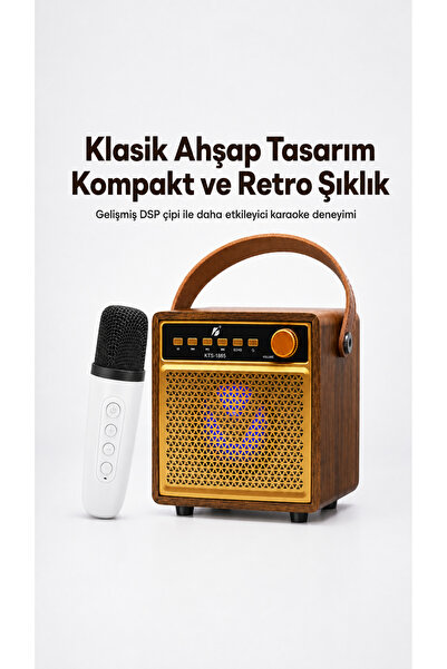 ULTRATEKNO 3” Ahşap Hoparlör Kablosuz Mikrofonlu Taşınabilir Karaoke Sistemi Party Box Eğlence Paketi