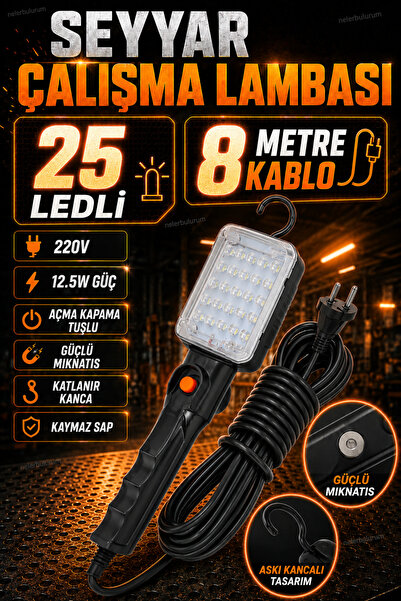 nelerbulurum Fişli 25 LED’li 8 Metre Kablolu 12.5 WATT Mıknatıslı Askı Kancal...