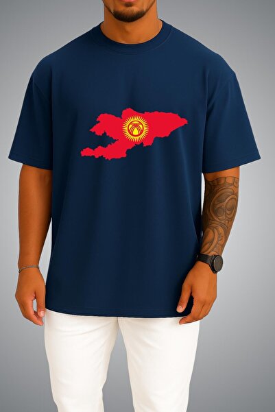 Bahriyeli Collection Oversize Kyrgyzstan Flag and Map Chest Printed Unisex T-...