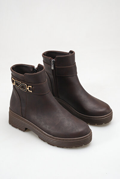 SENASTİL S210 Women's Brown Zipper Detailed Short Boots with Buckle Detail