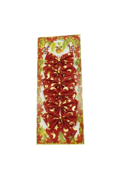 Rao Set of 6 Christmas Tree Bows, Red, with Stars, 8 X 8 Cm, Polyester,