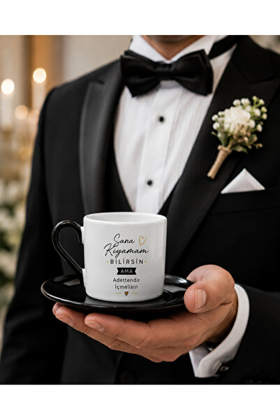 veracraft Porselen Damat Kahvesi Fincanı ve Tabağı | İsim Baskılı Siyah Kulpl...