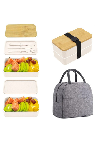 Choice3 White SET Adult Bento Lunch Box, 2-Tier Food Storage Container Set wi...