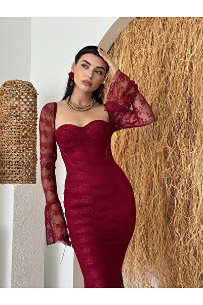 Clothes Fast Women's Burgundy Midi Dress with Heart Collar, Corseted Lace Det...