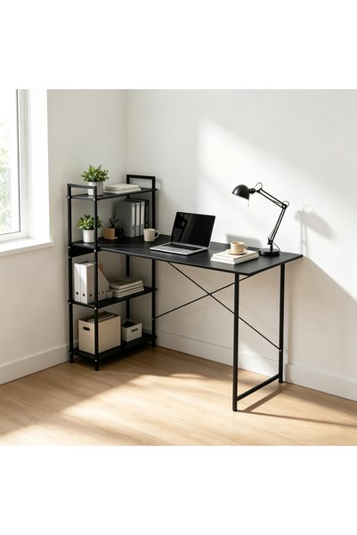 RahaShop Modern Minimalist Wooden Desk with Bookshelf - Home Office and Study Desk, 120x60x75cm