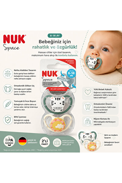 Nuk Space Silikon Emzik 6-18 Ay 2’li | Ortodontik, BPA İçermez, Hijyen Kutulu...