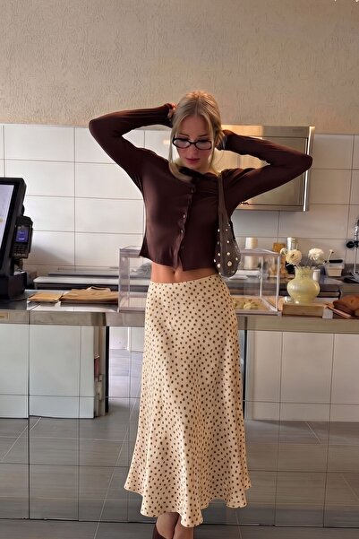 Yefrastore Cream Polka Dot Printed Maxi Tulle Skirt with Back Elastic Detail ...