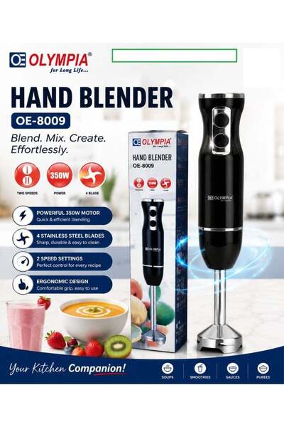 Olympia OE-8009 Hand Blender 350W with 4 Stainless Steel Blades, 2 Speed Sett...