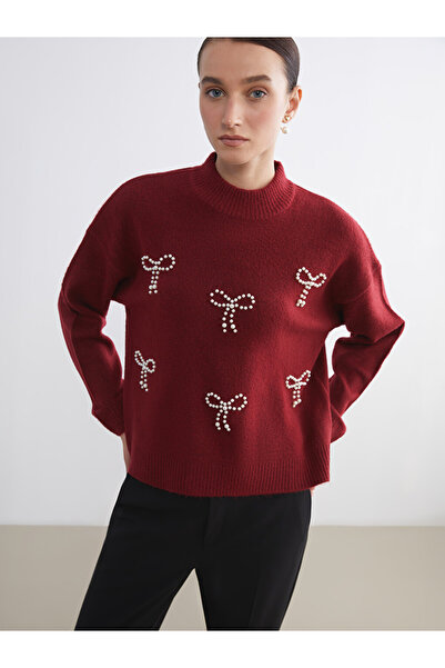 LC Waikiki Funnel Neck Rhinestone Embellished Women's Knit Sweater