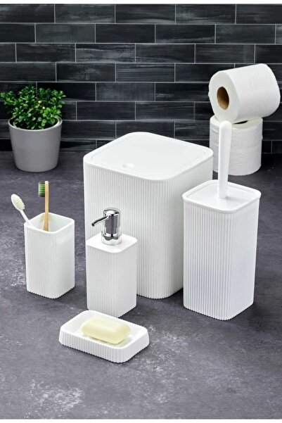metalshop 5 Parça Kare Banyo Seti - Çöp Kovası WC Fırçası Sıvı-Katı Sabunluk ...