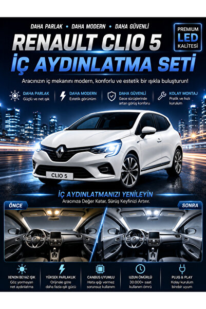 DuoLight Renault Clio 5 Uyumlu 6000K LED İç Aydınlatma Seti Parlak Beyaz Araç...