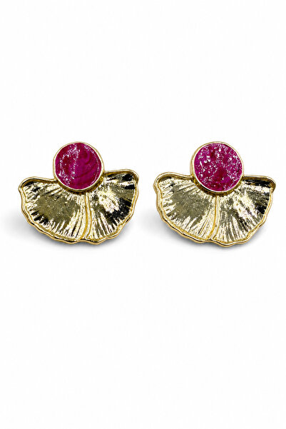Jack Ferrero Yellow Color Fan Detailed Fuchsia Stone Look Bijouterie Earrings