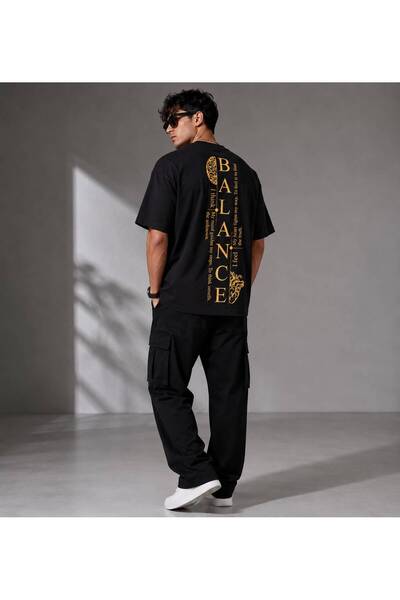 khufu Black Crew Neck Oversize Fit Cotton Balance Back Print Detailed Relaxed Cut Unisex T-Shirt