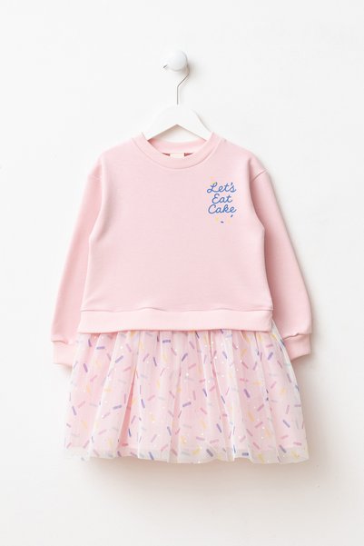 Minipodyum Girl's Dress with Tulle Print Detail
