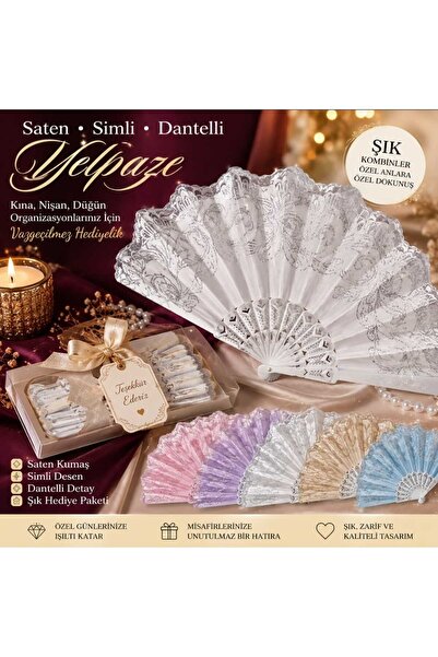 Yelpazem Saten Simli Dantelli Şık Tasarım Yelpaze Karışık Desen