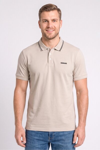 Nordland Men Regular Fit Brand Logo Short Sleeve Polo Shirt, Light Beige