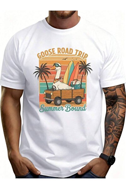 LİNA06 Retro Style Men'S-Shirt Goose Road Trip Bound Graphic Design Beach Vac...