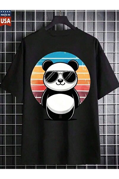 LİNA06 % Cotton Panda Bear With Retro Sunburst Design-Shirt Men And Women Mad...