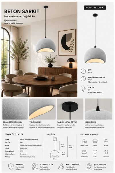 Lambadar Titan Model Premium Beton Dokulu İskandinav Tasarım Plafonyer Gri Avize 30 Cm E27