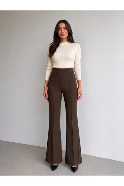 mecea prime Women's Black High Waist Ribbed Stitched Spanish Flare Scuba Crepe Gathering Trousers