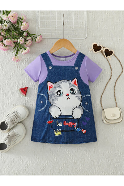 Take Two By Styli Girls Cute Cat Denim A-Line Dress