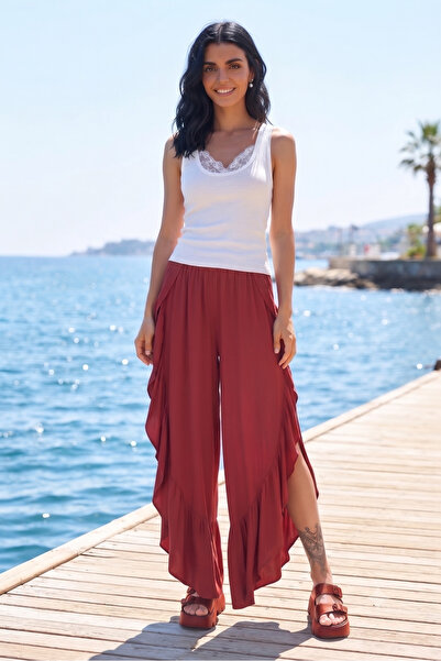NEW LAVİVA Burgundy Bohemian Style, High Waist, Deep Side Slit, Ruffled Asymm...