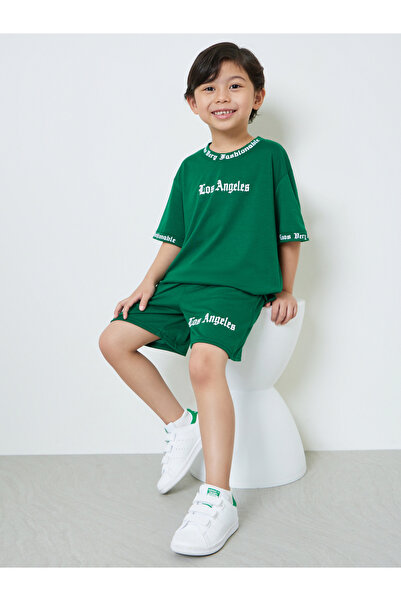 Styli Boys Green Slogan Print T-Shirt and Shorts Set