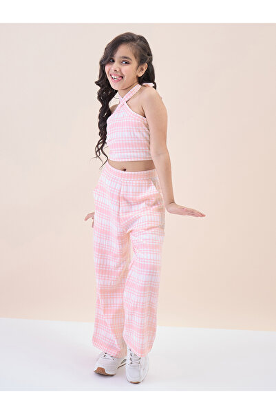 Stylo Bug By Styli Girls Peach Checked Halter Neck Top and Pants Set