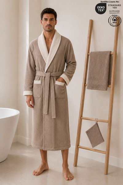 Ellaline Eldy Kontrast Men's Bathrobe Set, 3 Pieces, 100% Cotton Certified Sh...