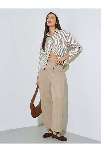 Styli Beige Mid Rise Straight Leg Pants with Side Pocket
