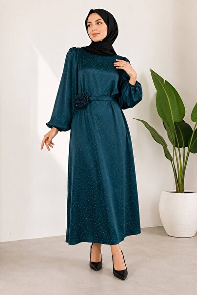 Roza Moda Collection Kadın Belden Gül Detaylı Parıltılı Saten Elbise Özel Gün...