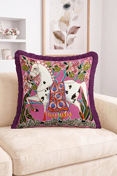 Realhomes White Horse Figured Floral and Ethnic Carpet Motif Patterned Fringe...