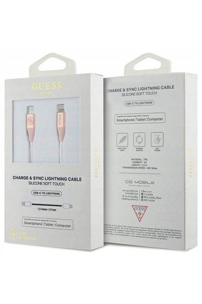 NO BRAND Cablu Guess cu logo în relief pentru USB-C - Lightning 1.5m, roz, Ce...