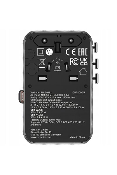 Verbatim Adaptor de călătorie EU/UK/US GaN cu 2xUSB-C/2xUSB-A/1xUSB-C PD 100W